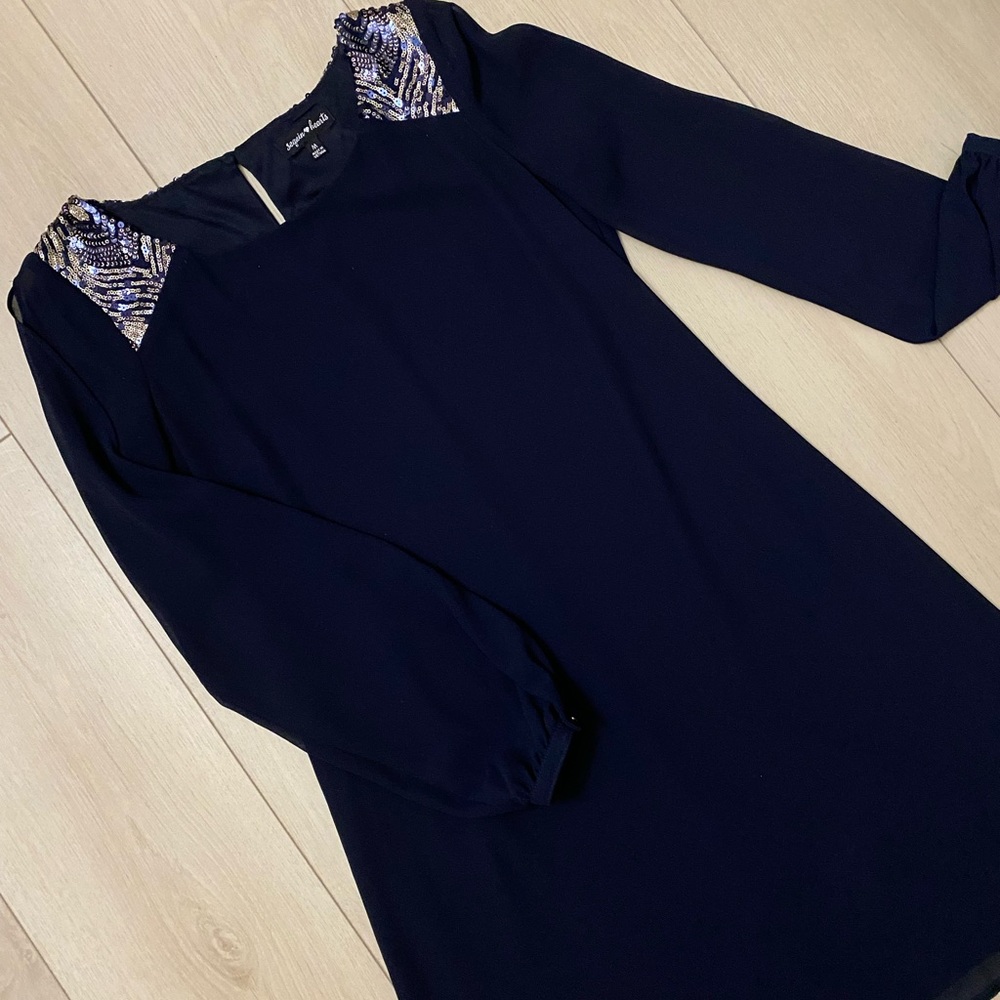 Sequin Hearts Sequin 3/4 Sleeve Navy Blue Cocktail Dress - Size M